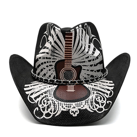 Retro Punk Guitar Skull Beauty Straw Cowboy Hat Sun Protection Sunshade