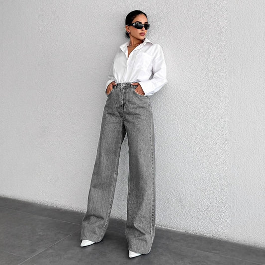 Silver-gray Straight-leg Womens Springfall Denim Jeans With A Draped Versatile Fit High Waist And Slimming Effect