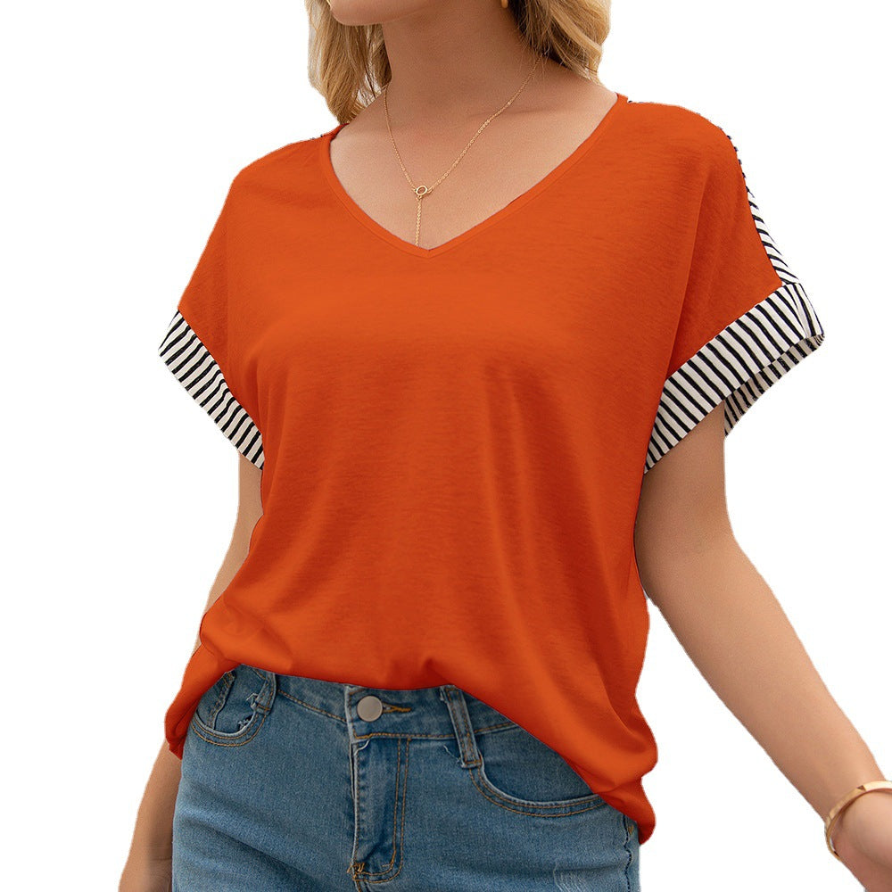 Striped Stitching V-Neck Short Sleeve Loose T-Shirt Top Women
