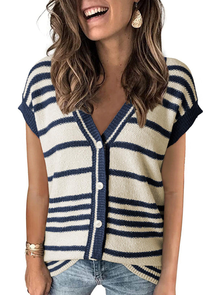 Striped Color Contrast Short Top T-shirt Women's Thin