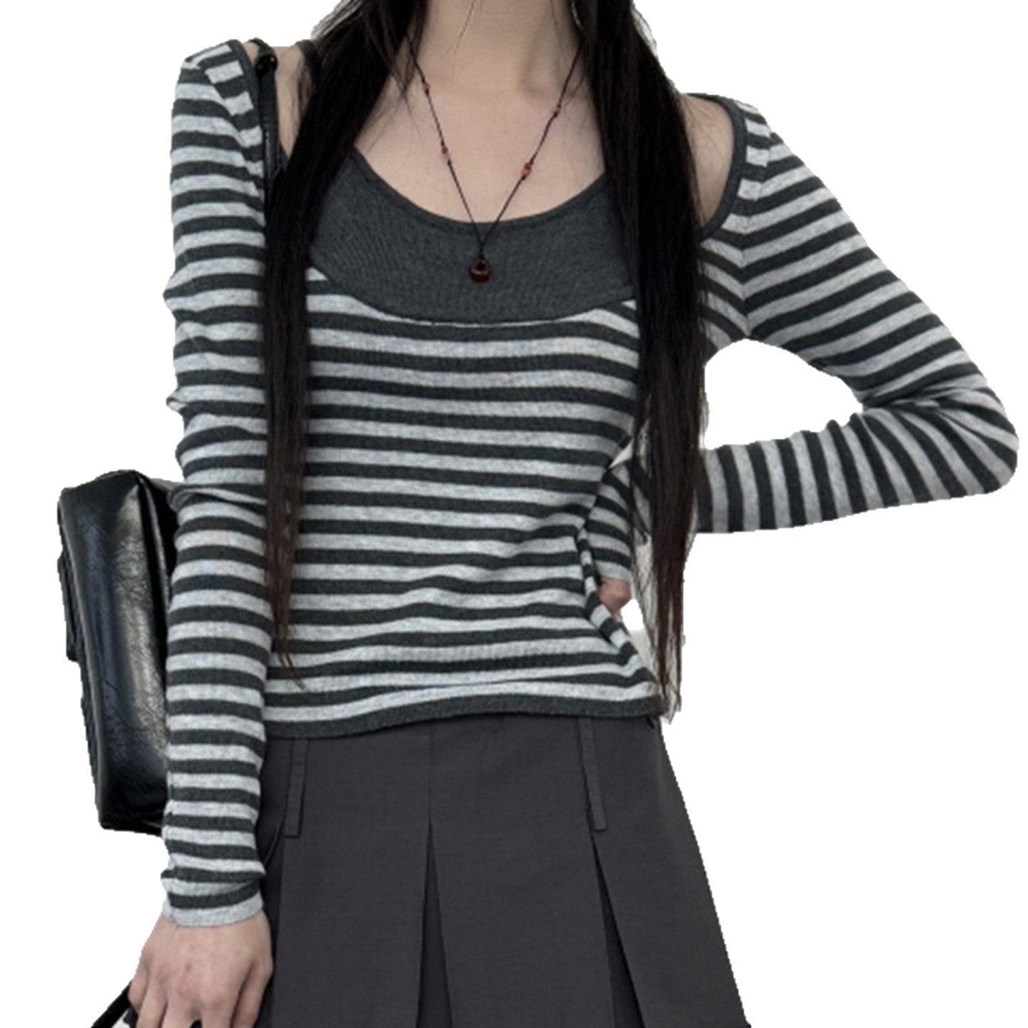 New Striped Sun-protective Long-sleeve Faux Two-piece Contrast-color T-shirt