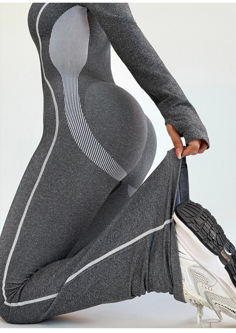 Frosted Contrasting Color Zipper Stand Up Collar Yoga Outdoor Sports Bootcut Jumpsuit With Butt Lifting Design
