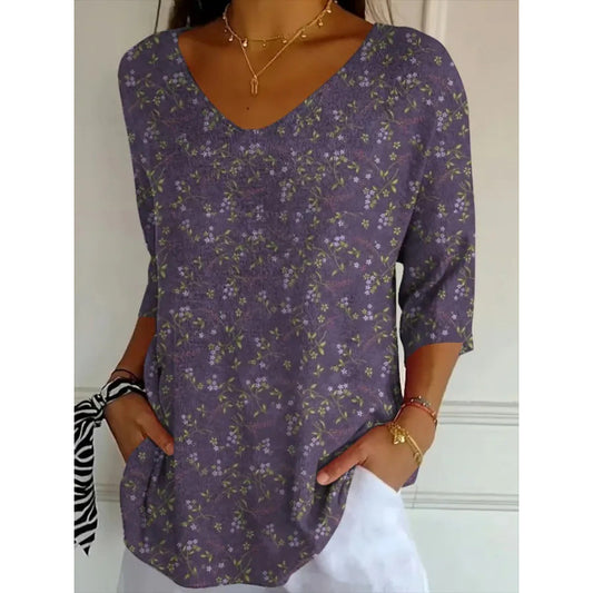 New 3D Printed Women's European And American Fashion Floral V-neck Shirt Top