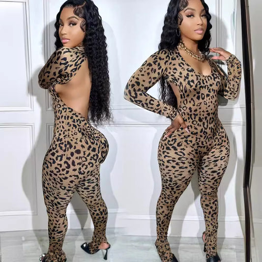European And American Women's Clothing Casual Leopard Print Jumpsuit