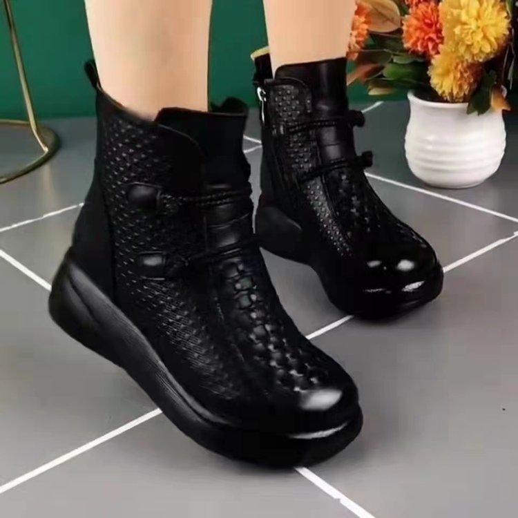 Womens Soft Leather Round-toe Soft-soled Fleece-lined Warm Boots
