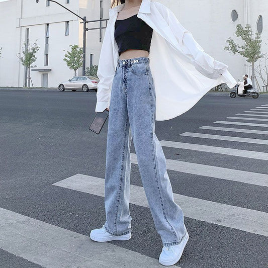 Light Blue Womens Straight-leg Loose-fitting Jeans