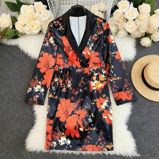Womens Printed V-Neck Floral Long-Sleeve Mid-Length Bodycon Dress