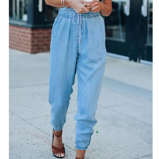 Lace-Up Slim Slimming Denim Trousers