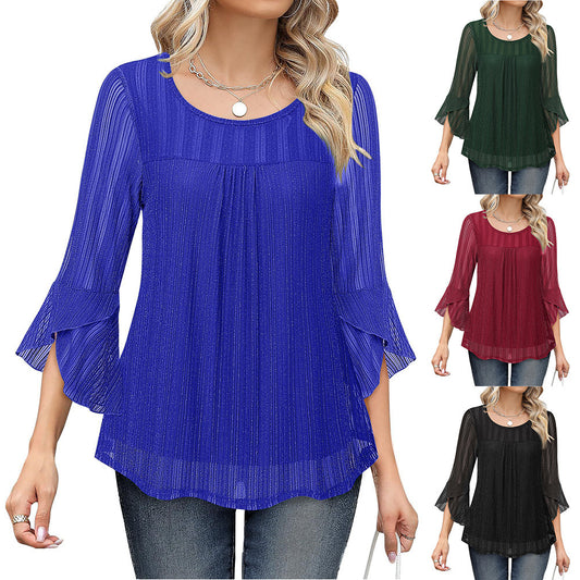 Elegant And Stylish Round-neck Top With Ruffled Sleeves And Sparkling Mesh Fabric