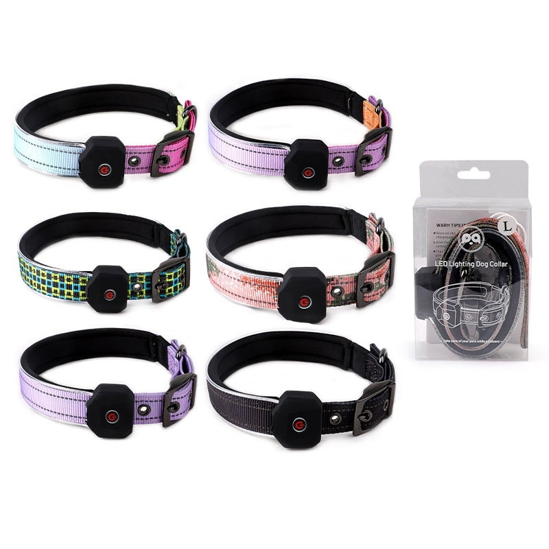 LED Pet Luminous Printing Reflective Stripe USB Charging Shiny Dog Collar