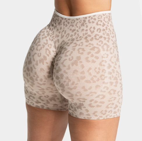 Leopard-print Peach-colored Shorts For Running Fitness And Yoga