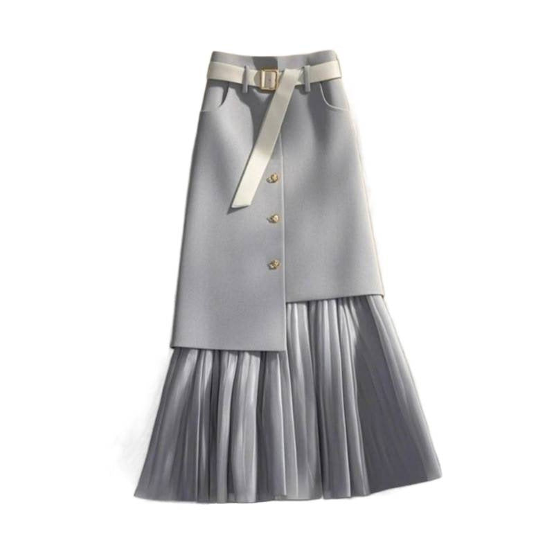 Womens Mid-Length Straight Skirt With Gray Patchwork Design