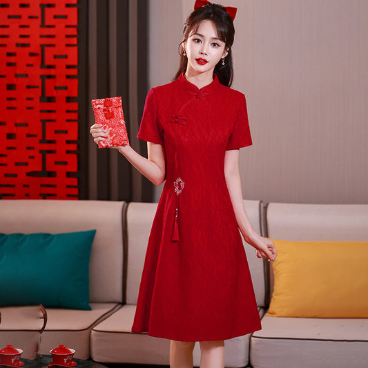 Traditional Chinese-style Red Bridal Toast Dress For The Return-to-parents-home Visit Featuring A Retro Short-sleeve Design