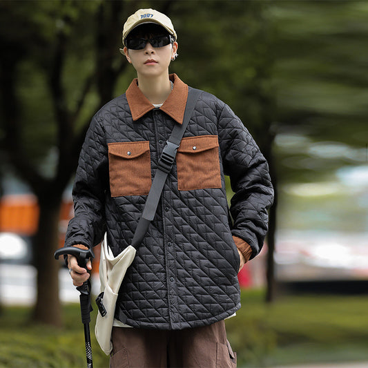 Diamond Lattice Quilted Shirt Collar Cotton-padded Coat