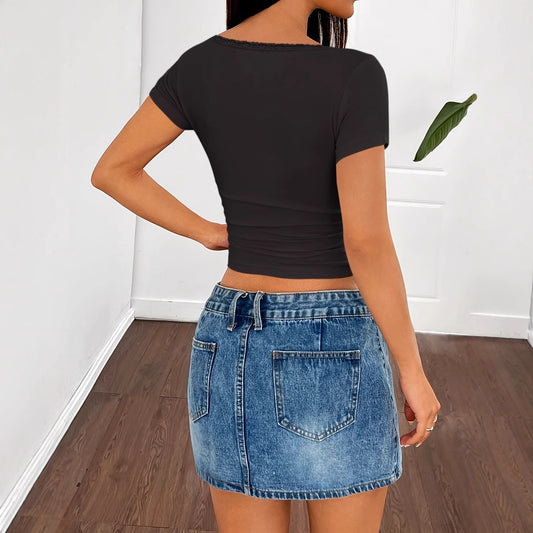 Solid Color Women's Slim Fit Lace Patchwork Tie Short Sleeved Shirt