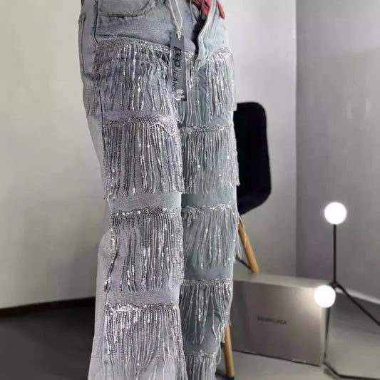 Lige Jeans med Pailletkvaster