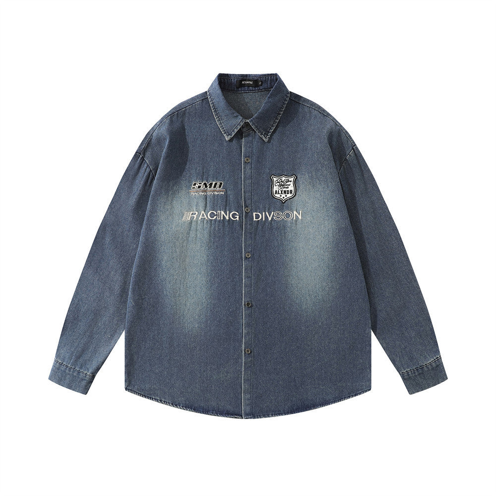 Badge Embroidered Letter Denim Long Sleeve Shirt Street Fashion