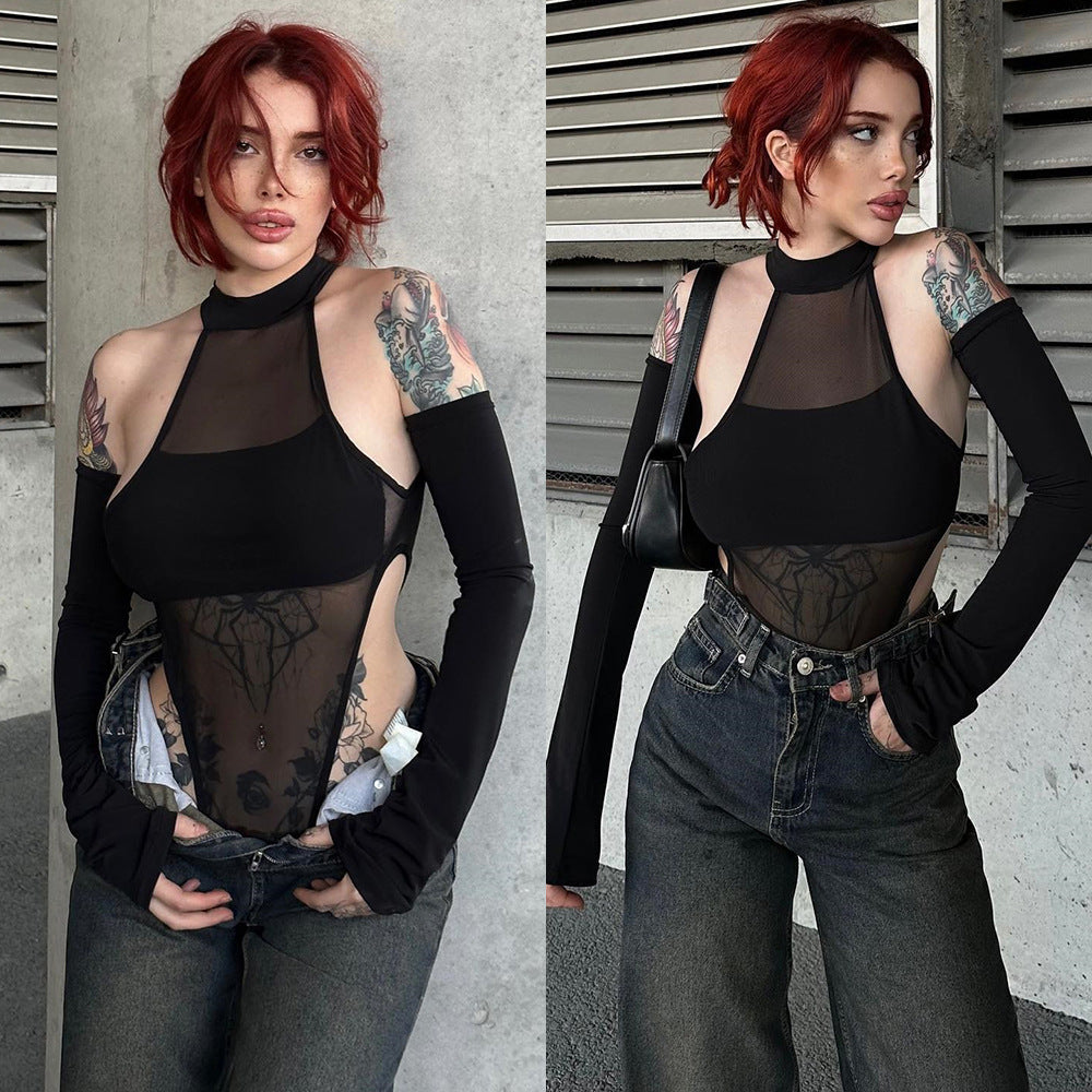 Long Sleeve Crotch Mesh Hollow High Elastic One-piece Women's Top