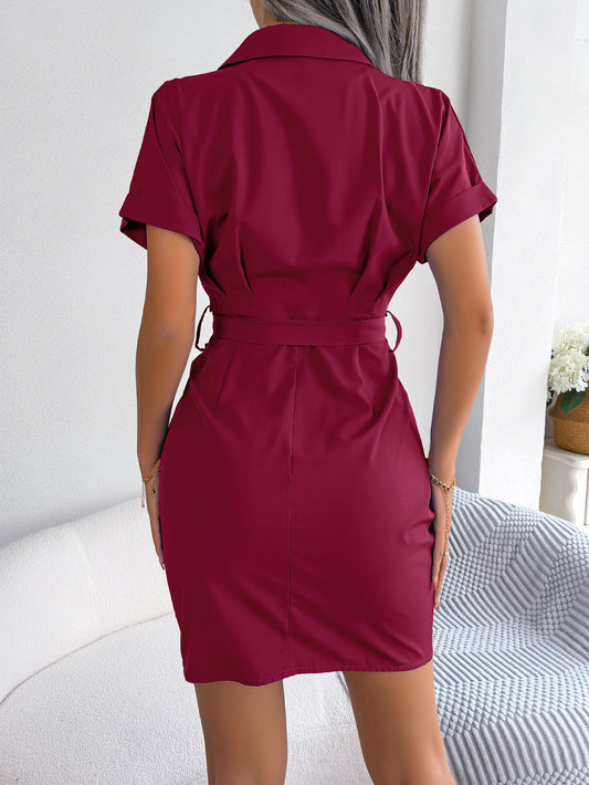 Women Casual Solid Color Batwing Sleeve Tie Waist Crinkled Shirt Dress