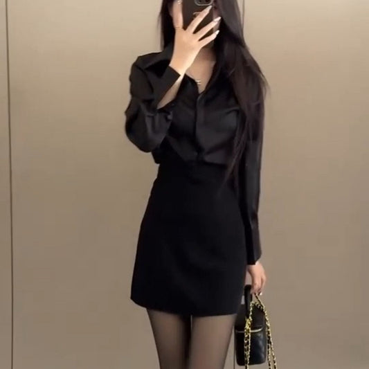 Black Light-luxury Shirt And Femme Fatale-style Skirt Set