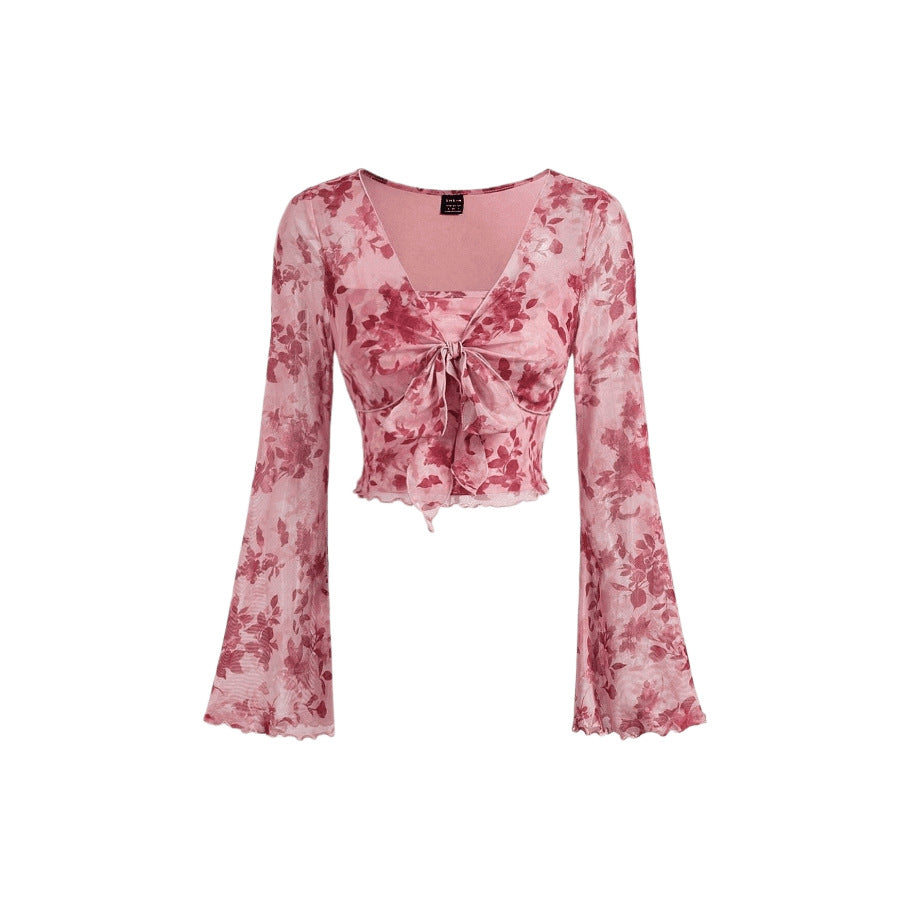 V-neck Lace Up Printed Long Sleeve Slim Women Shirt