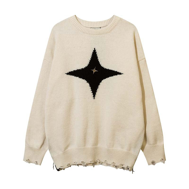 Street Tide Retro Four-pointed Star Round Neck Sweater For Men