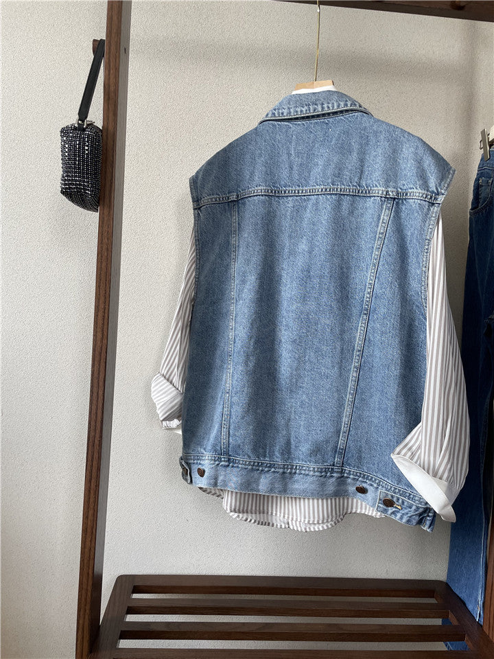 Dame Denim Vest Løs Ærmeløs Jakke Afslappet