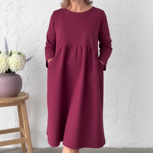 Solid-color Pleated Crew-neck Long-sleeve Dress With Pockets