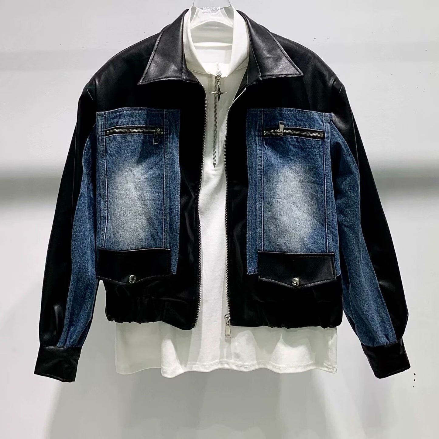 High-grade Stitching PU Leather Coat Cross-border Denim Coat