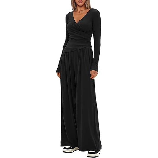 Women's V Neck Long-sleeve Sportswear Top And Wide-leg Pants Set Casual Comfortable Outfit Set For Daily Wear Gym Sports Outfit 2 Pieces