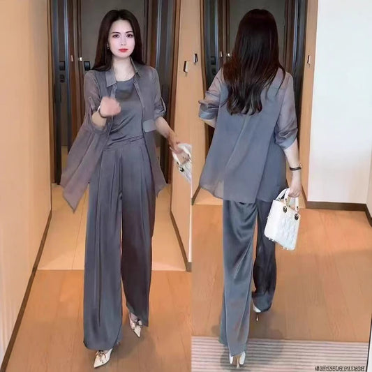 Fashion Women Sun Protection Shirt Wide Leg Pants Casual Three-piece Suit