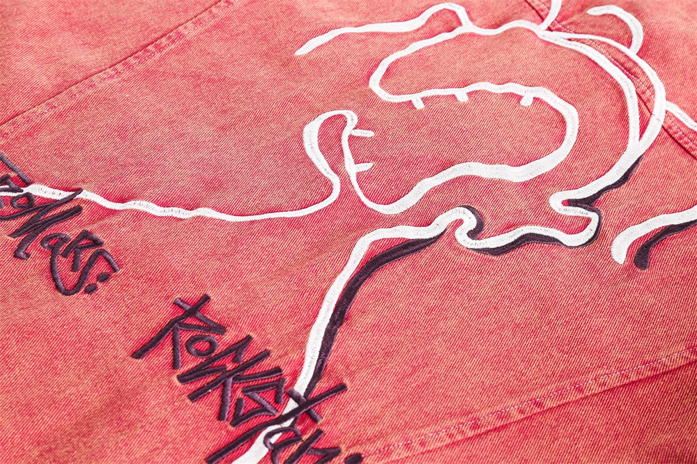 Abstract Embroidered Washed Denim Jacket