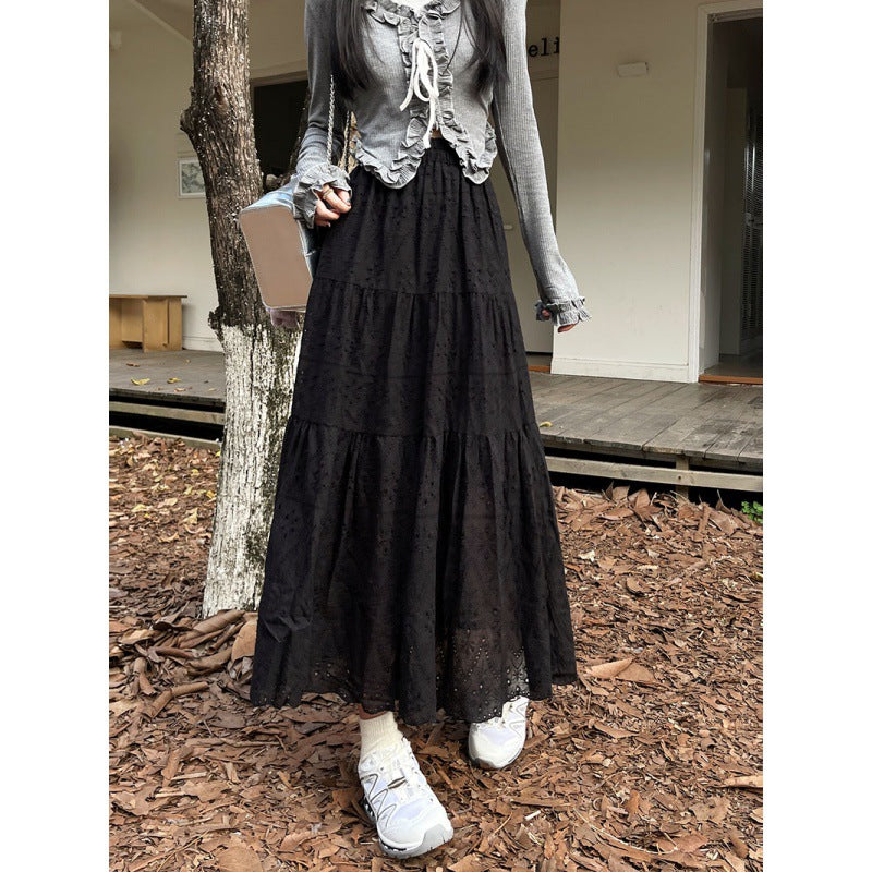 New French Style Retro Elastic Waist Pure Cotton Embroidery Long Dress