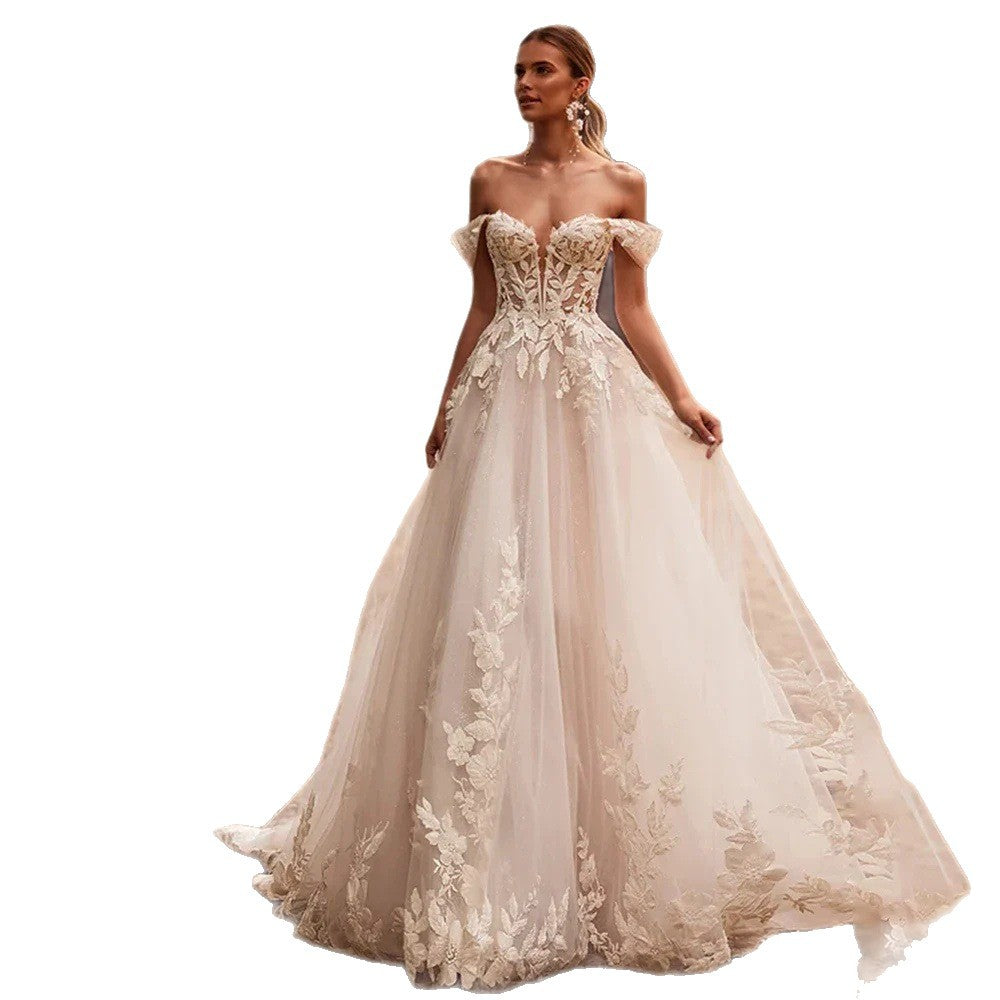 Light-luxury White Off-the-shoulder Bridal Wedding Gown With A Small Train
