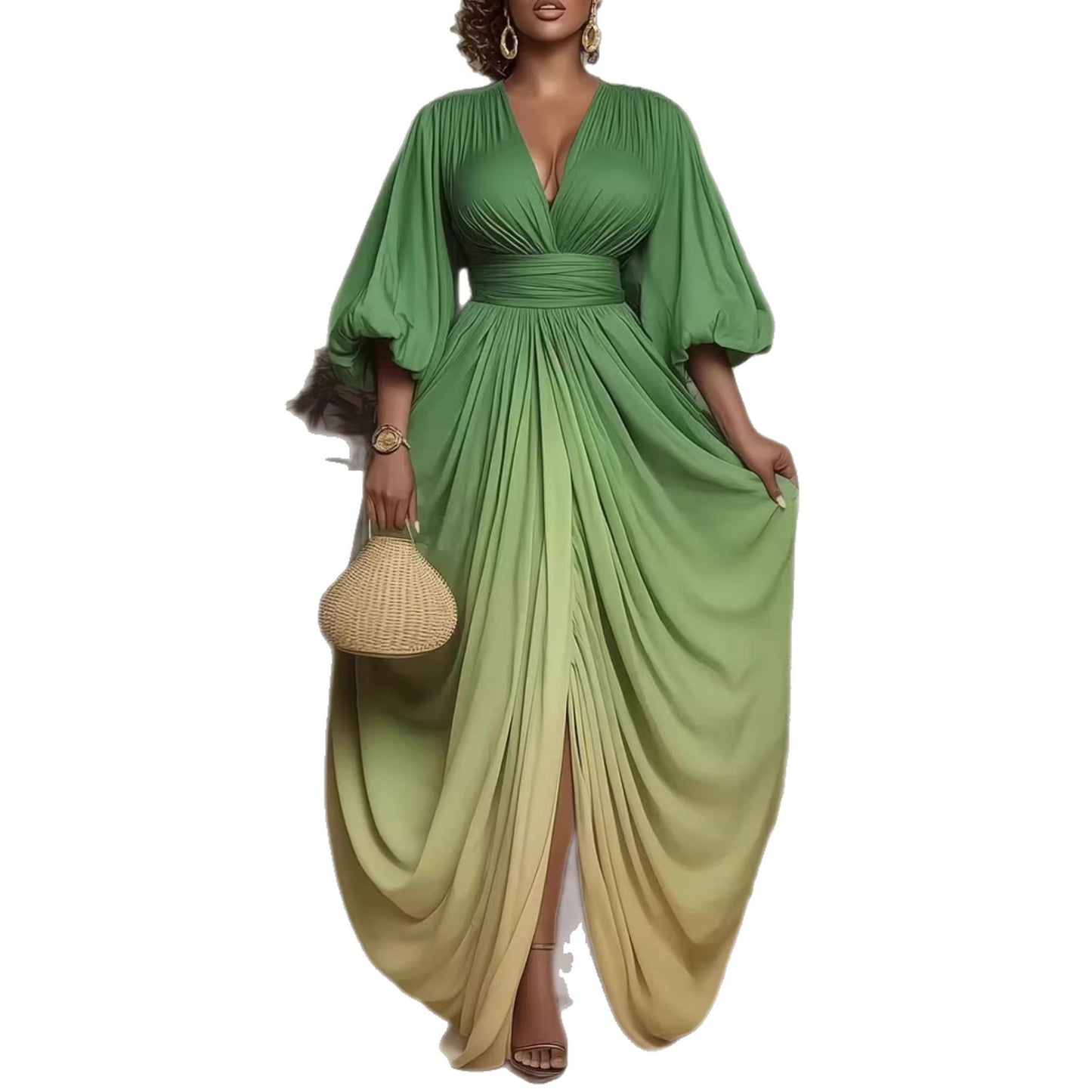 V-neck Stylish Elegant Printed Pleated Loose-fit Figure-flattering Dress