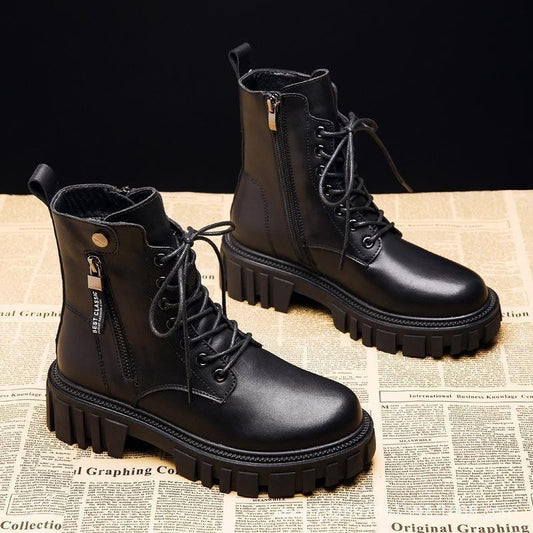 Womens Black Chunky-Soled Ankle Boots With Side Zipper