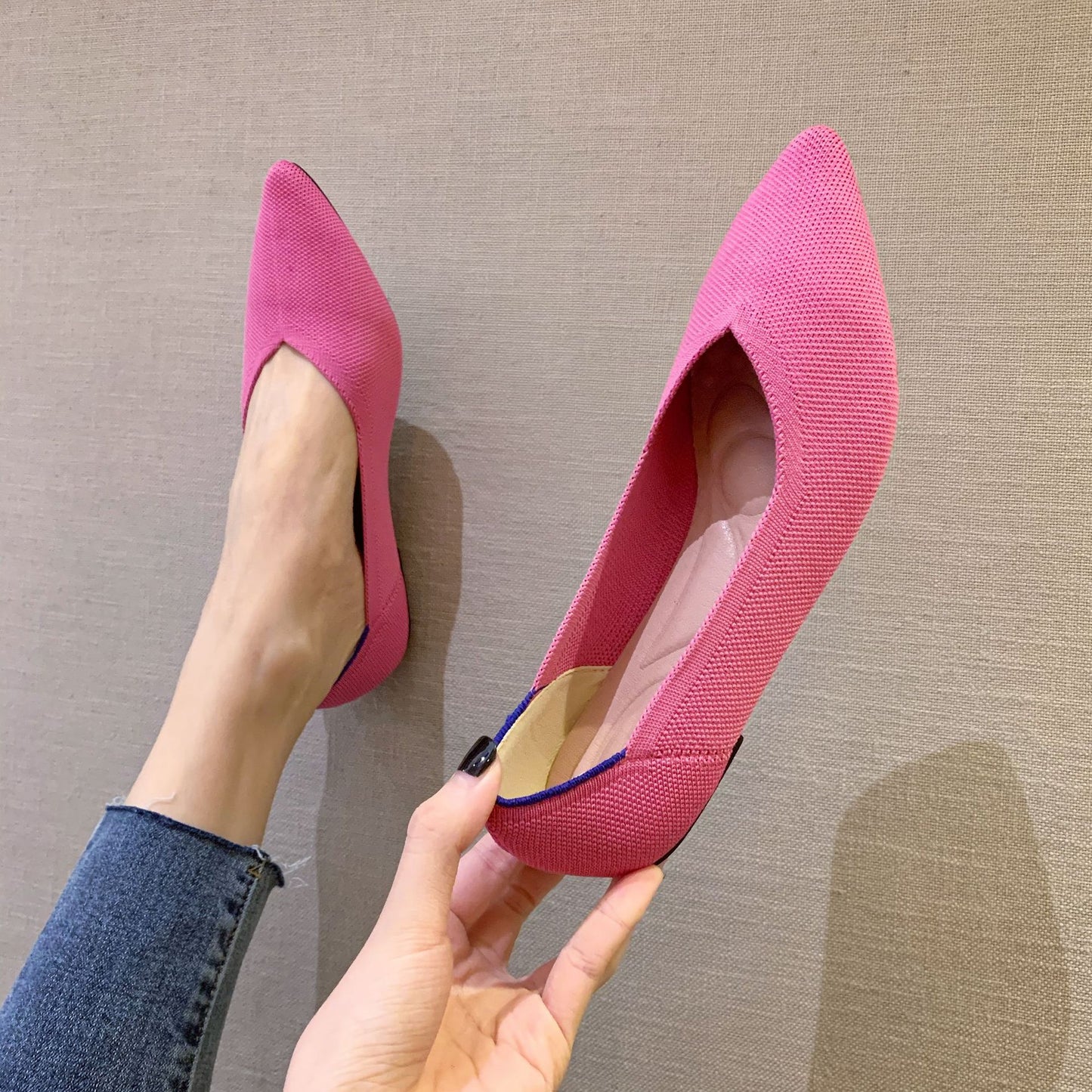 Shallow Mouth Flying Knit Shoes Pointed Toe Flat Knit Egg Roll