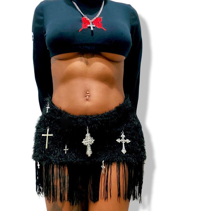 Women's High Waisted Cross Printed Fringed Skirt