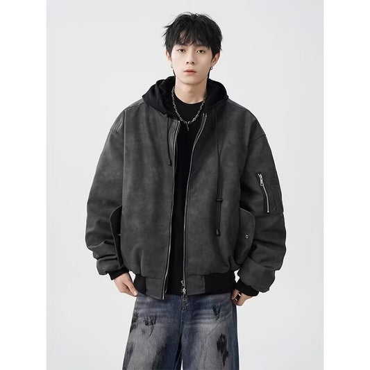 Mens Faux Two-piece Leather Jacket Cotton-padded Flight Jacket