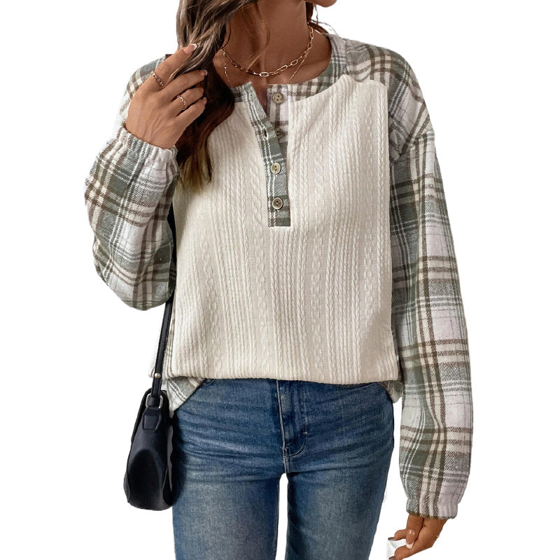 Casual Simple Retro Style Texture Fabric Plaid Stitching Top For Women
