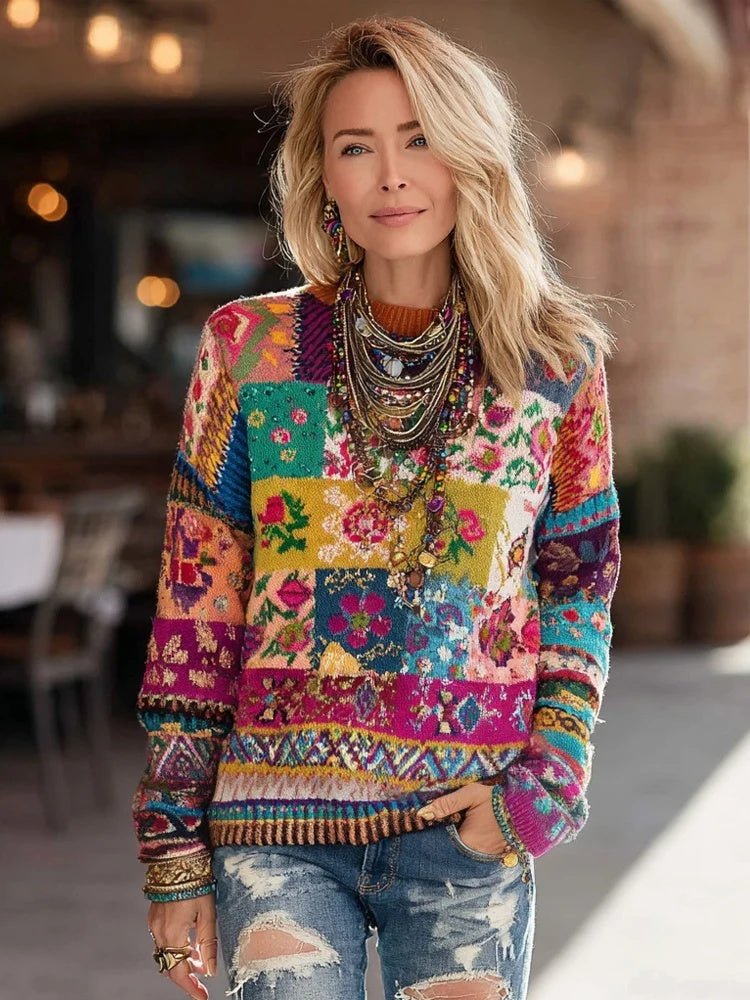 Womens Retro Patchwork Floral Padded Crew-Neck Sweatshirt