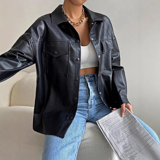 Single-breasted Solid Color Pocket PU Fashion Casual Jacket Top