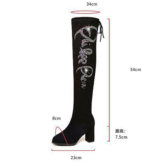 Autumn And Winter Round Toe Rhinestone High Heel Boots
