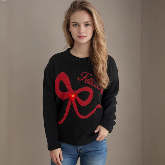 Autumn New Contrast Color Women's Sweater Round Neck