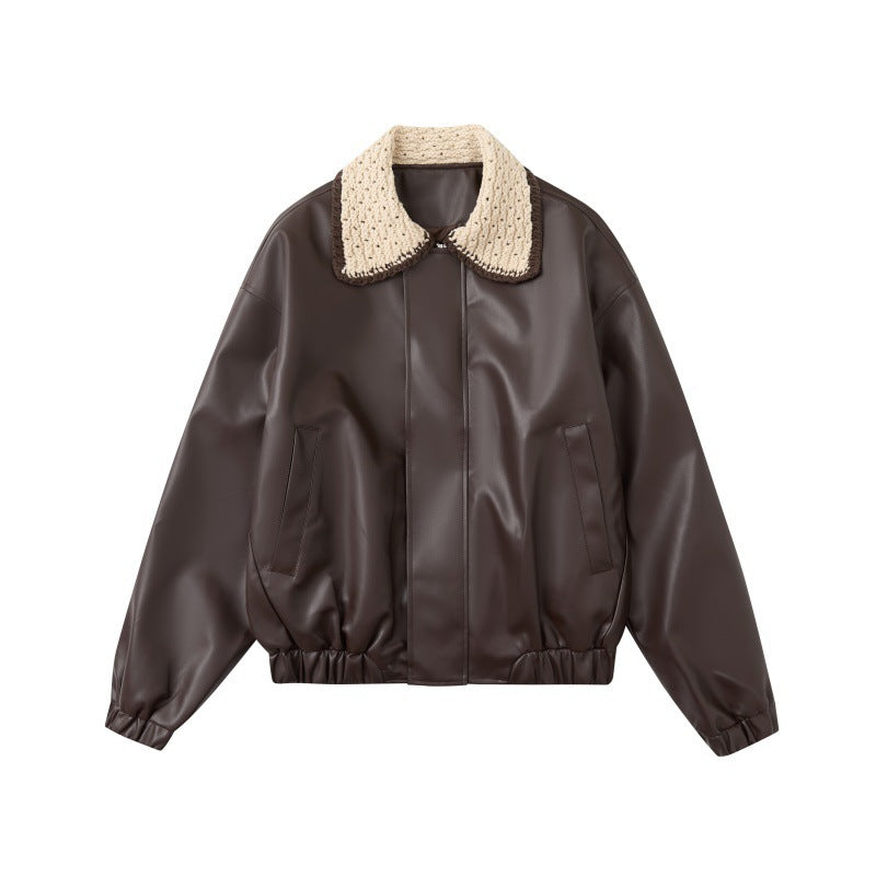 Color-blocked, Lapel-collar, Loose-fitting, Versatile, Trendy PU Leather Jacket For Couples