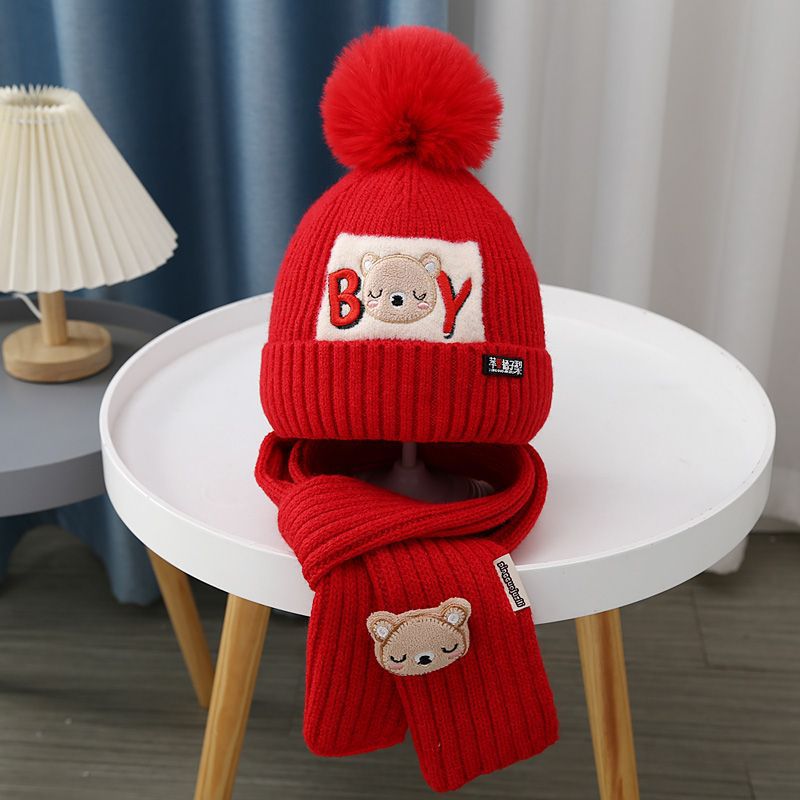 Children Hat Women's Knitted Keep Baby Warm Cartoon Bear Two-piece Set