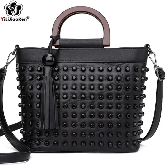 Luxury Sheepskin Leather Handbag for Women with Rivet Detailing - Designer Tote and Crossbody Messenger Bags