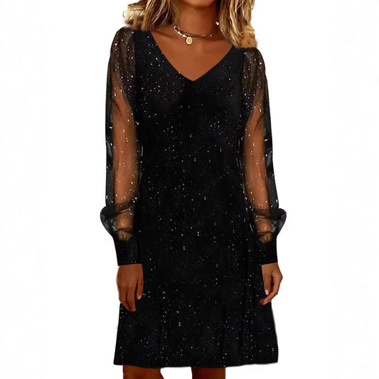 Elegant Women Dress V Neck Shiny And Glowing Mesh Sleeve Mini Dresses For Women Autumn Winter Party Dress Black Evening Dress