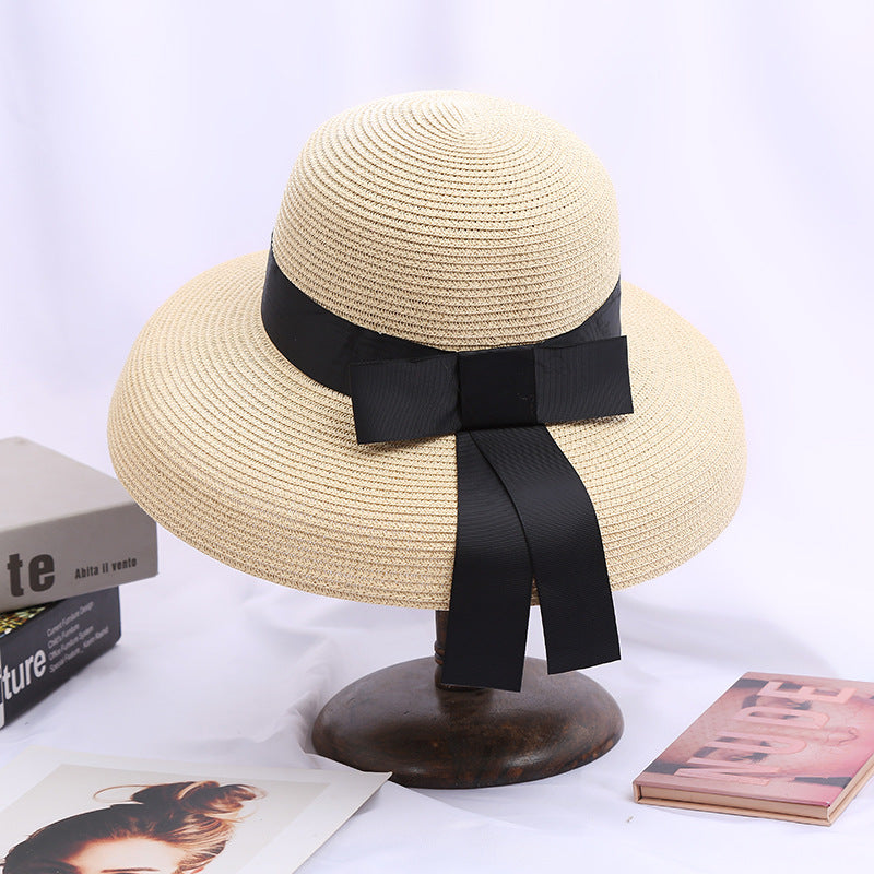 Ladies Sunscreen Sunshade Hepburn Elegant Bow Straw Hat