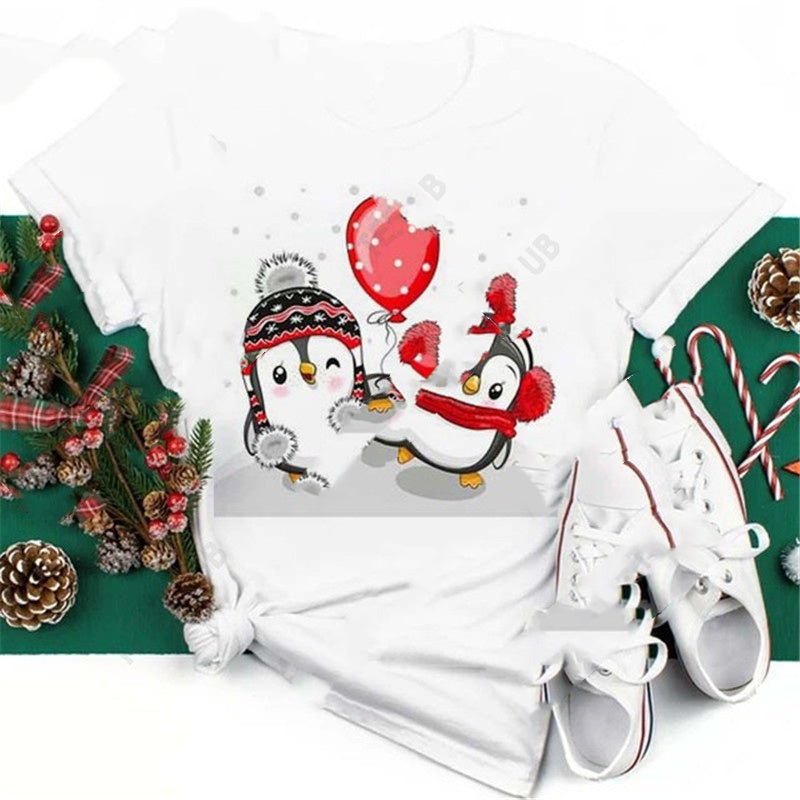 Christmas Penguin Owl Print Women's Black T-Shirt